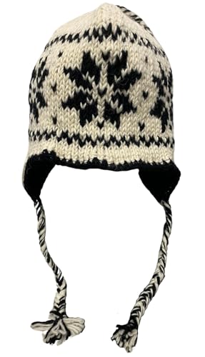 Wool Hand Knit Unisex Fleece Lined Ear Flap Beanie Sherpa Cap Hat Nepal - color: White Snowflake