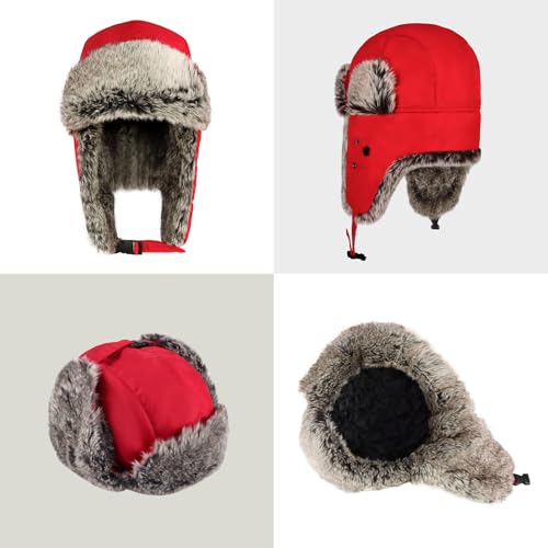 Waterproof Winter Trapper Ushanka Hat Ear Flap Chin Strap, Russian Style - color: Arctic (Red)