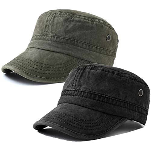 2 Pack Men's Cotton Military Caps Cadet Army Caps Vintage Flat Top Cap - color: Army Green/Dark Grey