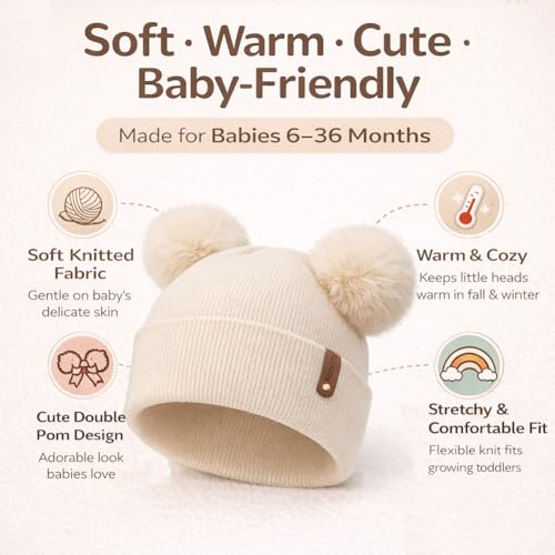 Toddler Winter Beanie Hats 3 Pack – Double Pom Pom Soft Knitted Hats for Baby Boys Girls 6–36 Months - color: Purple+pink+caramel