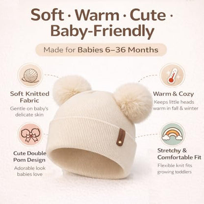 Toddler Winter Beanie Hats 3 Pack – Double Pom Pom Soft Knitted Hats for Baby Boys Girls 6–36 Months - color: Dark Grey+beige+black