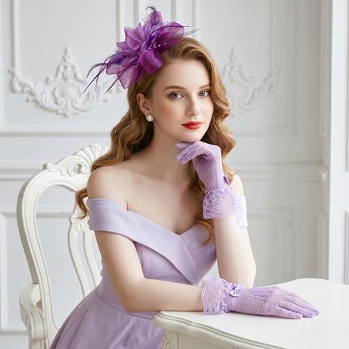 Fascinators Hats with Lace Gloves for Women Headband for Tea Party Wedding - color: Purple