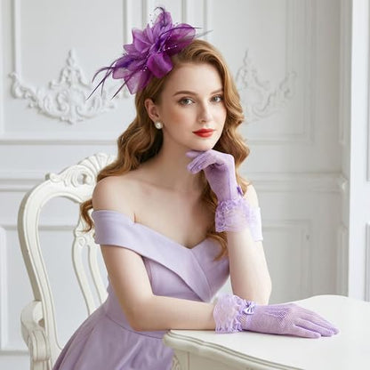 Fascinators Hats with Lace Gloves for Women Headband for Tea Party Wedding - color: Purple