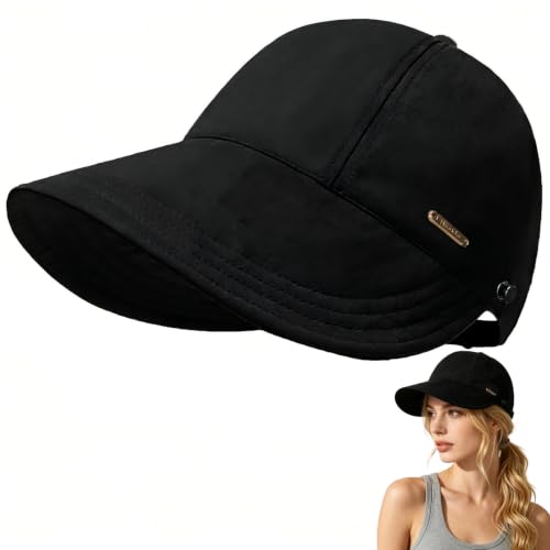 UPF 50+Womens Sun Hat UV Protection Hiking Fishing Hats Wide Brim Hat Adjustable Ponytail Packable Sun Cap - color: Black
