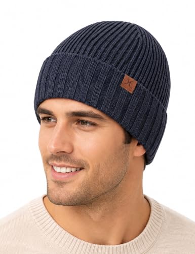 Winter Beanies Hats for Men, Knit Fleece Beanie Skull Caps, Mens Toboggans Ribbed Cuffed Stocking Hat - color: Navy Blue