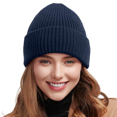 vidsel 50% Wool Thick Beanie Hat Men Women, Seamless Cuffed Winter Knit Cap - color: 1pcs Navy Blue