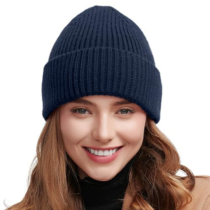 vidsel 50% Wool Thick Beanie Hat Men Women, Seamless Cuffed Winter Knit Cap - color: 1pcs Navy Blue