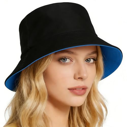 Bucket Hat for Men and Women 2-in-1 Reversible Sun Protection Fashion Flat Top Cap for Fishing Travel Beach Sports - color: Blue-black