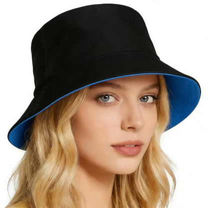 Bucket Hat for Men and Women 2-in-1 Reversible Sun Protection Fashion Flat Top Cap for Fishing Travel Beach Sports - color: Blue-black