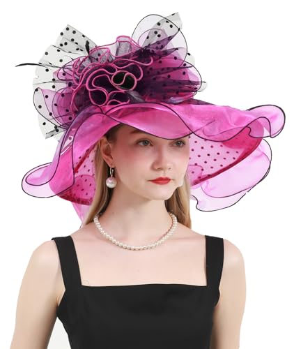 ORIDOOR Women Organza Fascinator Church Derby Hat Floral Tea Party Wedding Hat - color: 003f-rose