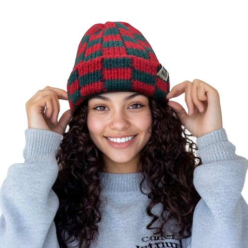 CLAPE Womens Cute Slouchy Beanies Hats, Winter Warm Chunky Checkered Beanie Large Cuff Knitted Hat Ski Cap for Cold Weather - color: Kh56-christmas Red