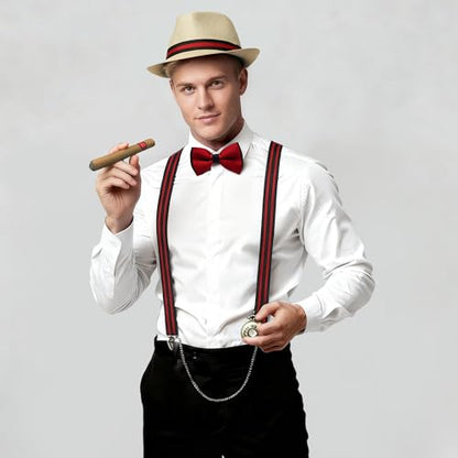 BABEYOND 1920s Mens Gatsby Gangster Accessories Set Panama Hat Suspender Bow Tie - color: Beige Red Set