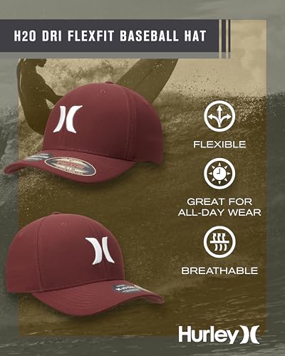 Hurley Mens Baseball Cap Curved Brim Moisture Wicking Flexfit Fitted Hats - color: Burgundy, size: Large