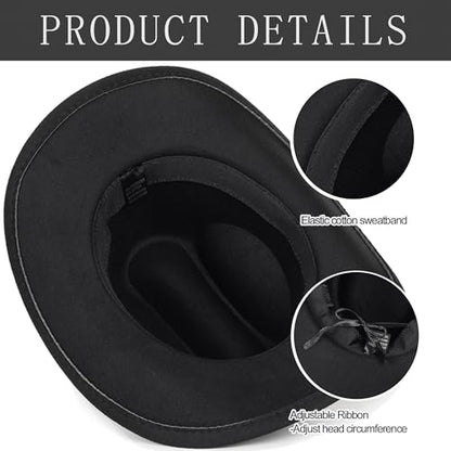 Felt Fedora Western Cowboy Hat for Women Men - color: Black-bull Rivet Band