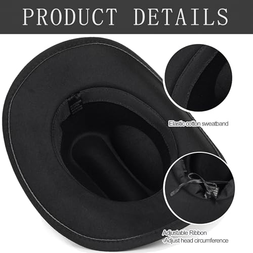 Felt Fedora Western Cowboy Hat for Women Men - color: Black-bull Rivet Band