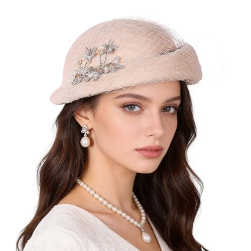 Vintage Wool Felt Cloche Bucket Bowler Hat Women Church Wedding Fascinator Formal Dress Hat Winter Fedoras - color: Camel-35