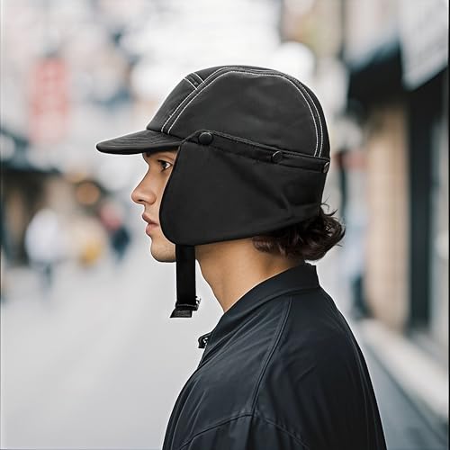 Clakllie Winter Earflaps Hat Short Brim Baseball Cap with Ear Flap Warm Trapper Hat Soft 5 Panel Style Russian Hats - color: Cdus-bswd2403-black