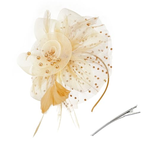 Zando 2026 Mesh Ken-Tucky Derby Fascinators Hats for Women Girls with Clip and Headband Vintage Wedding Church Tea Party - color: Beige & Gold