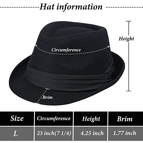 Fedora Hat for Women Men 1920s Short Brim Triby Gangster Hat Size 7 1/2 - color: Black - Tri-pleated Hat Band