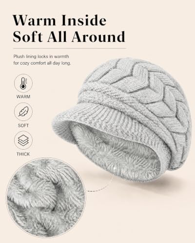 YSense 2 Pack Womens Winter Hats Warm Knit Beanie with Visor - color: Black Light Grey
