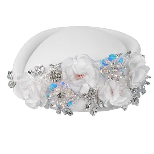 Womens Vintage Felt Church Fedora Hat Ladies Floral Derby Fascinator Wedding Tea Party Beret Cap Winter Pillbox Kentucky Hat - color: White