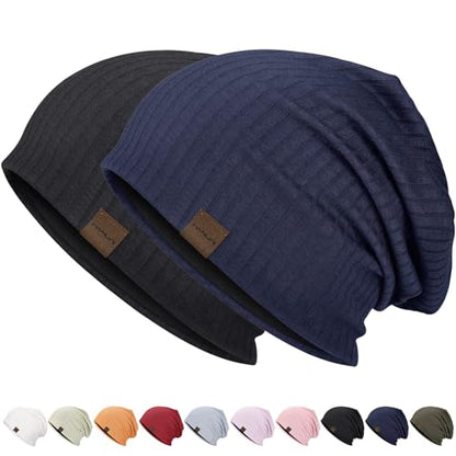 HAMUNI Slouchy Beanie for Men Women Soft Lightweight Chemo Headwear - color: Black+dark Blue