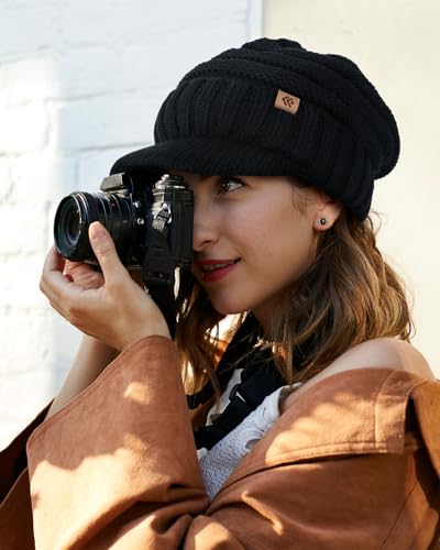 Women Men Winter Beanie Hat with Visor, Warm Fleece Lined Beanie Cap, Thick Knit Cap Slouchy Hat with Brim - color: Black