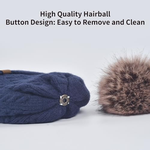 Winter Hat Scarf Gloves Set for Women, Classic Cable Beanie with Removable Pom Pom Long Scarf Touchscreen Gloves 3 in 1 Set - color: Navy Blue