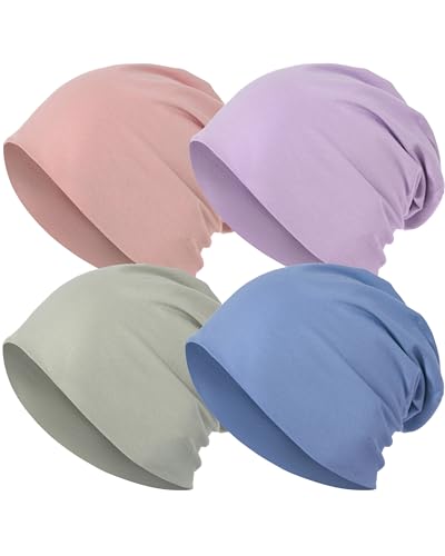 JarseHera 100% Cotton Slouchy Beanie for Women Men Soft Chemo Headwear Set - color: 4 Pcs,denim Blue+dusty Pink+purple+sgreen