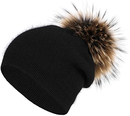 Women's Winter Double Layer Slouchy Beanie with Genuine Raccoon Fur Pom Pom - color: Black Yellow Pom 3