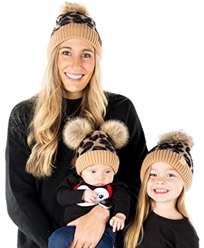 Funky Junque Mommy & Me Double Pom Beanies 3-Pack Matching Winter Hats for Mom, Toddler & Infant Girls, Cozy Knit Family Set - color: Leopard - Latte