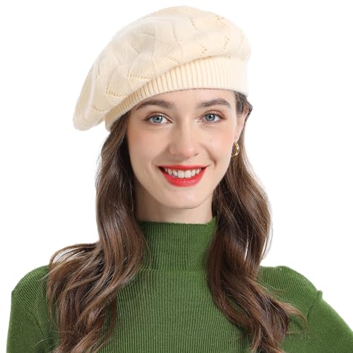 ZLYC Women French Beret Hat Reversible Solid Color Knit Warm Artist Cap - color: Solid Cream White
