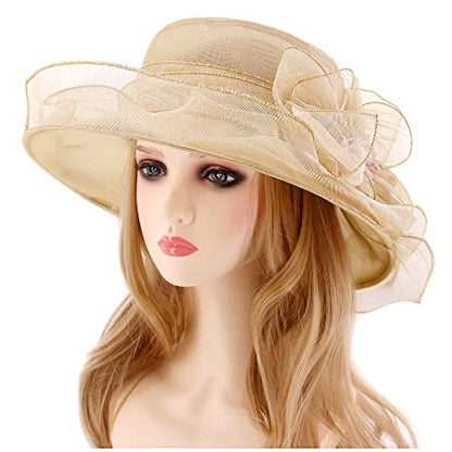 Haoohu Women's Church Derby Hat Wide Brim Bow Bucket Hat Wedding Dress Hat Fascinator Bridal Tea Party Hat - color: D-khaki