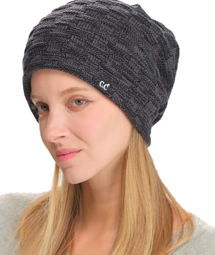 C.C Fuzzy Lined Beanie, Thick Soft Knit Winter Hat, Warm Cozy Skull Cap for Women & Men - color: Black / Charcoal Mix