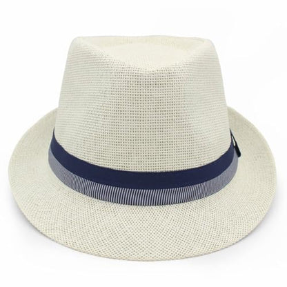 LIDHAY Short Brim Panama Hat Straw Fedora Hats for Men Women Summer Derby Trilby Hats Beach Sun Hat - color: White