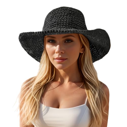Floppy Big Beach Straw Hats for Women Foldable Summer Wide Brim Packable Sun Hat Womens Travel Straw Fedora Hat - color: Black-4