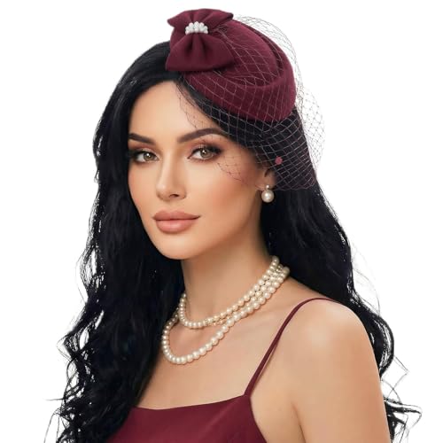 Fascinator Hat for Women Veil Fascinators Tea Party Wedding Retro Pillbox Hats for Cocktail Dresses Accessories - color: Burgundy