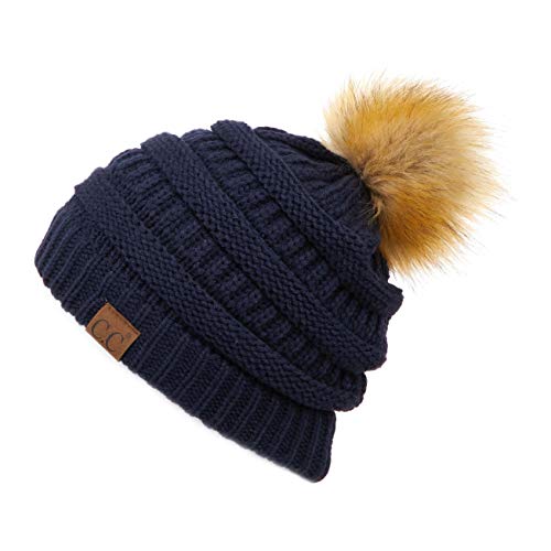 C.C Fur Pom Winter Fall Trendy Chunky Stretchy Cable Knit Beanie Hat - color: Solid Navy
