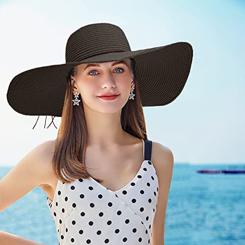 Floppy Big Beach Straw Hats for Women Foldable Summer Wide Brim Packable Sun Hat Womens Travel Straw Fedora Hat - color: Black-1