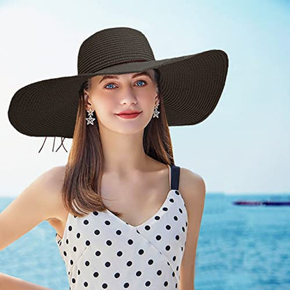 Floppy Big Beach Straw Hats for Women Foldable Summer Wide Brim Packable Sun Hat Womens Travel Straw Fedora Hat - color: Black-1