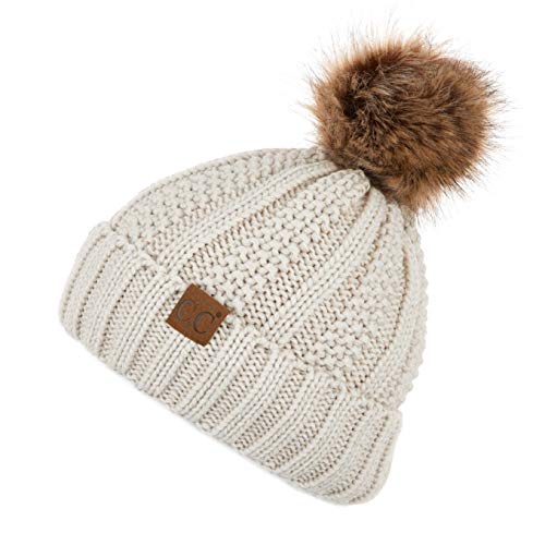 C.C Exclusives Fuzzy Lined Knit Fur Pom Beanie Hat (YJ-820) - color: Beige