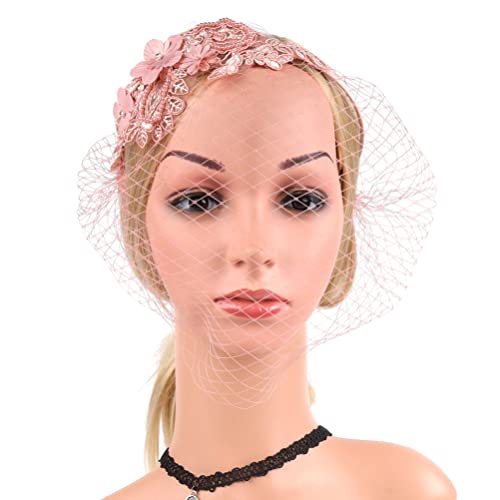 Beaupretty Womens Fascinators Hat Bridal Wedding Veil Mesh Lace Headband Tea Party Headwear Fascinator Veil Headband - color: Pink