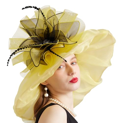Women Organza Church Derby Hat Wide Brim Sun Caps for Wedding Tea Party Hat with Detachable hat Flower as Headgear - color: 10-yellow