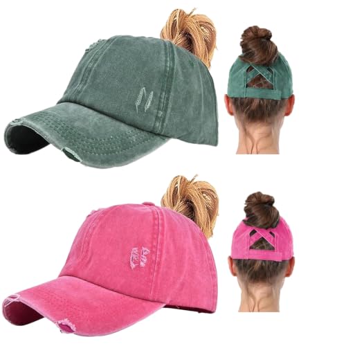 2 Packs Womens Criss‑Cross High Ponytail Trucker Hat, Cotton Vintage Washed Distressed Adjustable Baseball Cap - color: 2pcs 31