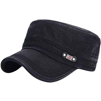 Unisex Cadet Army Cap Adjustable Flat Top Cap Washed Cotton Military Hat Baseball Cap - color: Black