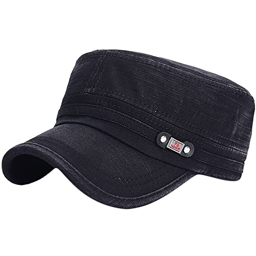 Unisex Cadet Army Cap Adjustable Flat Top Cap Washed Cotton Military Hat Baseball Cap - color: Black