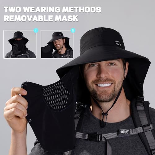 Rosoz Sun Hat for Men Women with Neck Flap& Removable Face Cover Wide Brim - color: 1pack-black