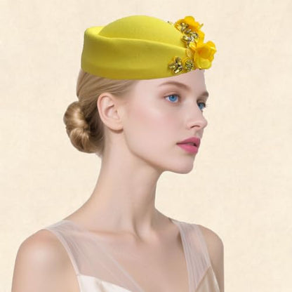 Women's Retro British Felt Headscarf Hat Church Derby Headdress with Floral Women's Soft Beret - color: Yellow