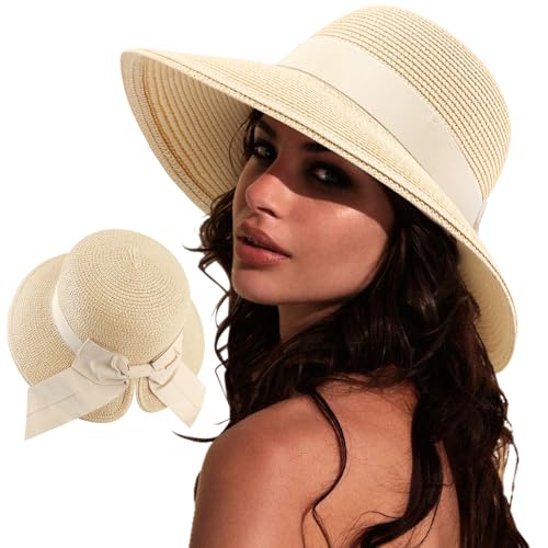 DRESHOW Sun Hats for Women Travel Fedora Foldable Beach Sun Hat Summer Wide Brim Straw Bucket Hat with Bowknot UPF 50+ - color: 1 Pack Bowknot Straw Hat: Beige With Beige Band