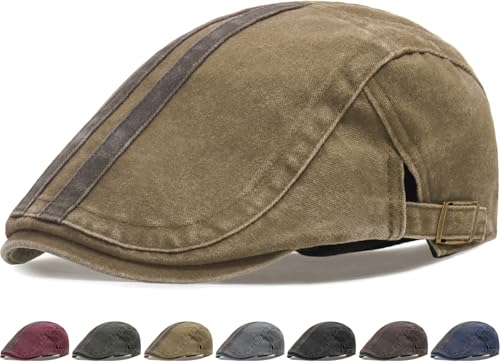 Initlove Mens Newsboy Cap Washed Beret Ivy Hat Flat Hats for Cabbie Driving - color: B Khaki